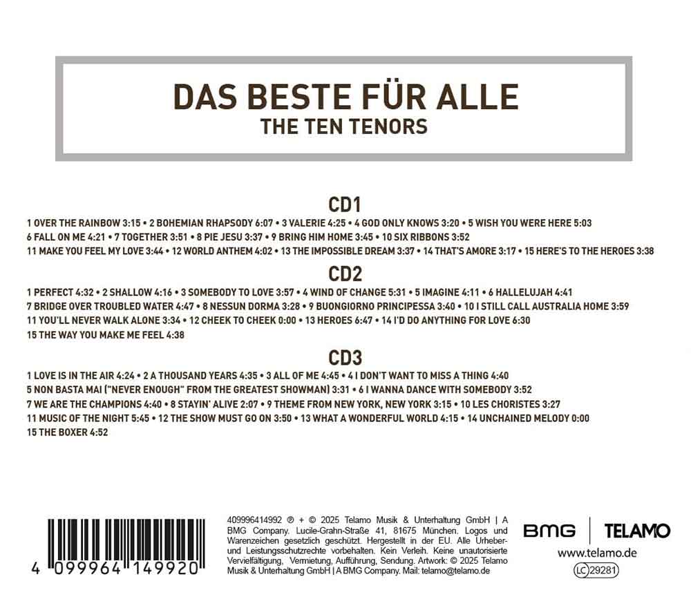 Das Beste Für Alle The Ten Tenors Back-Cover 3 CD Album