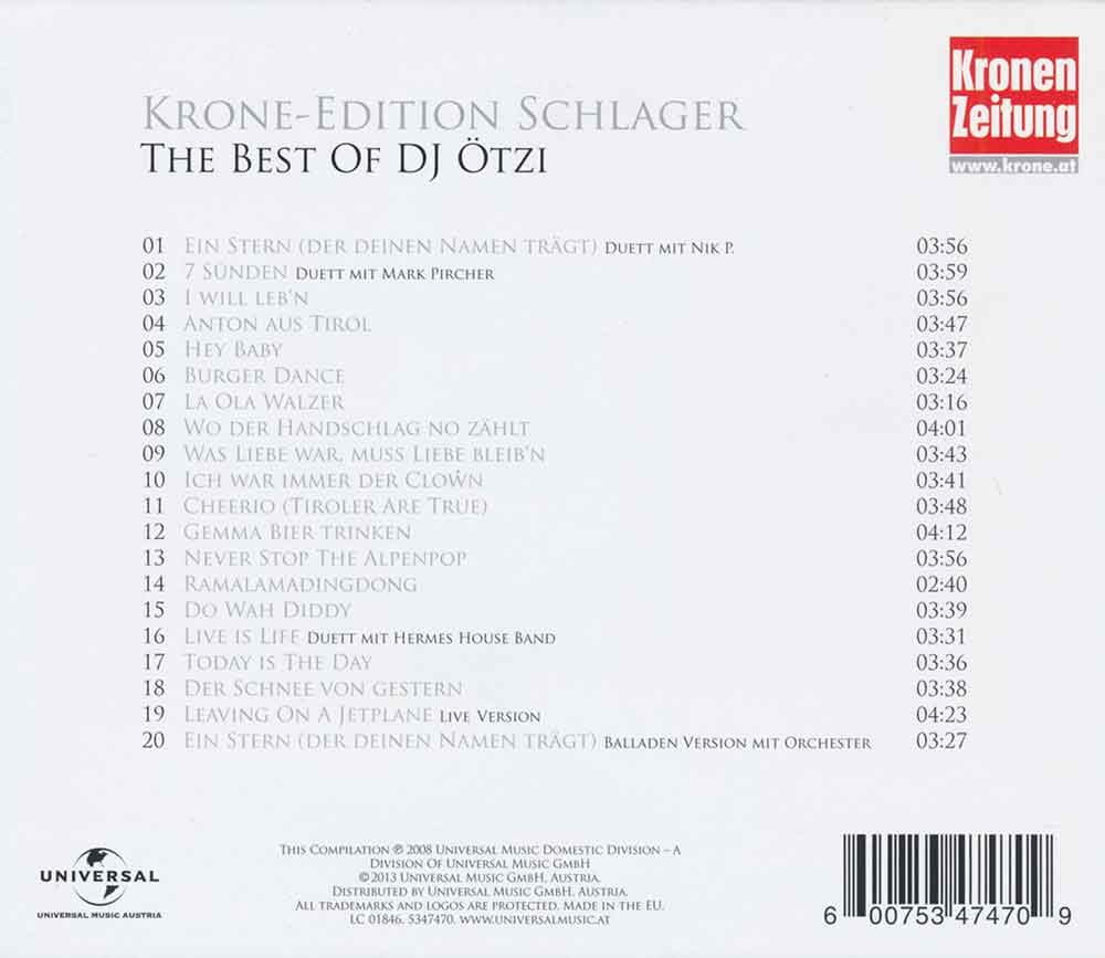 DJ Ötzi - The Best Of DJ Ötzi (Krone-Edition Schlager) (2013) CD Album Backcover