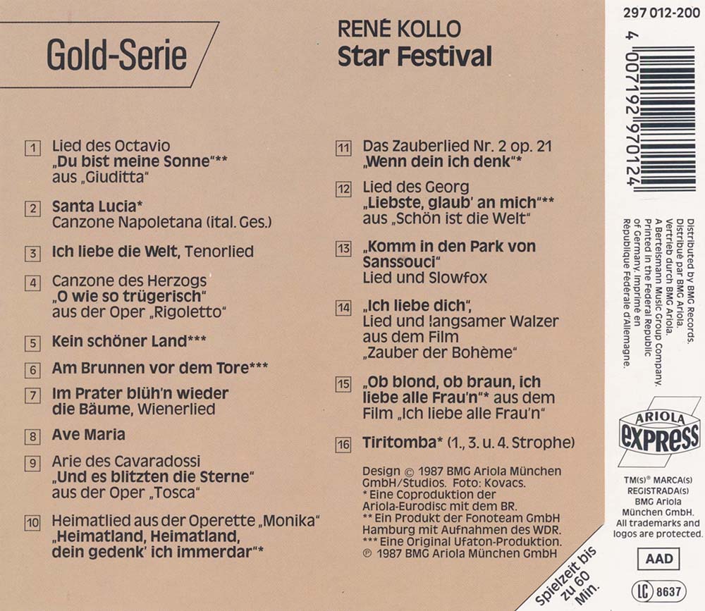 René Kollo - Star Festival (Gold-Serie) (1997) CD Album Backcover