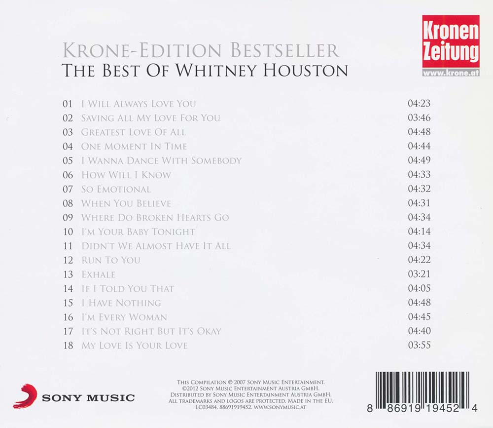 Whitney Houston - The Best Of Whitney Houston (Krone-Edition Bestseller) (2012) CD Album Backcover